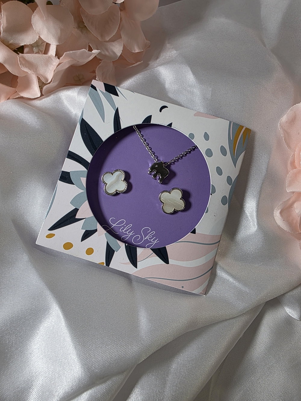 Lily Sky - Silver Elephant Necklace & White Clover Stud Earring Set